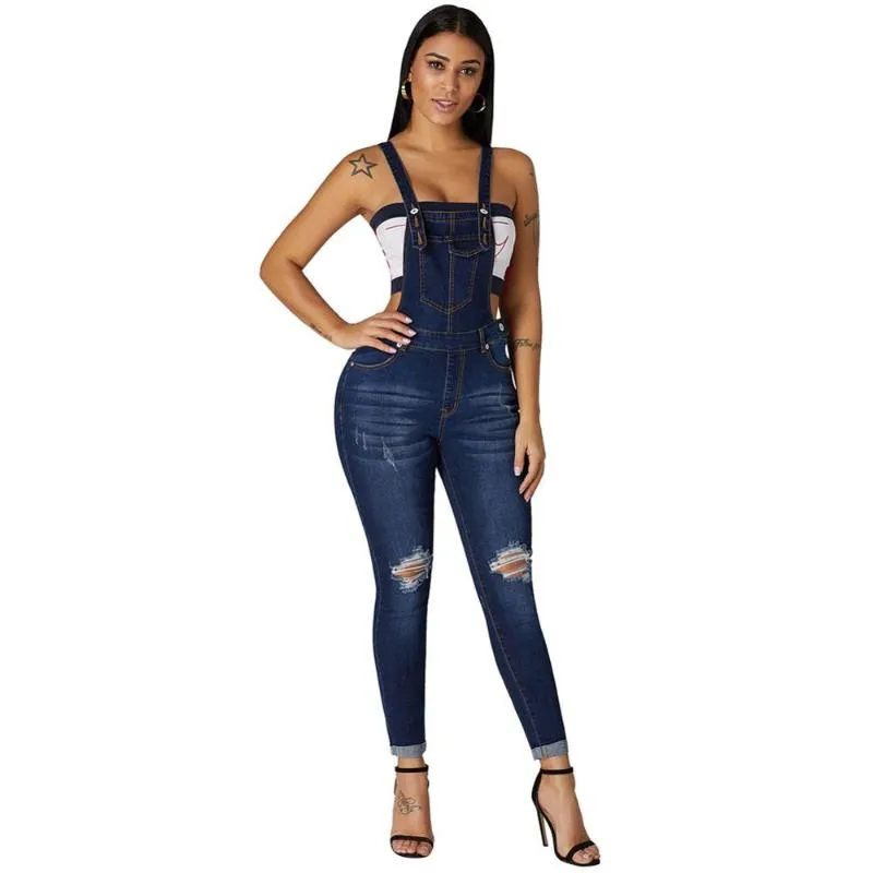 Women's Jumpsuits & Rompers Women Light Blue Dark With Hole Femal Fashion Denim Laidback Distressed Overalls Good Pants Couplet Trousers Sus