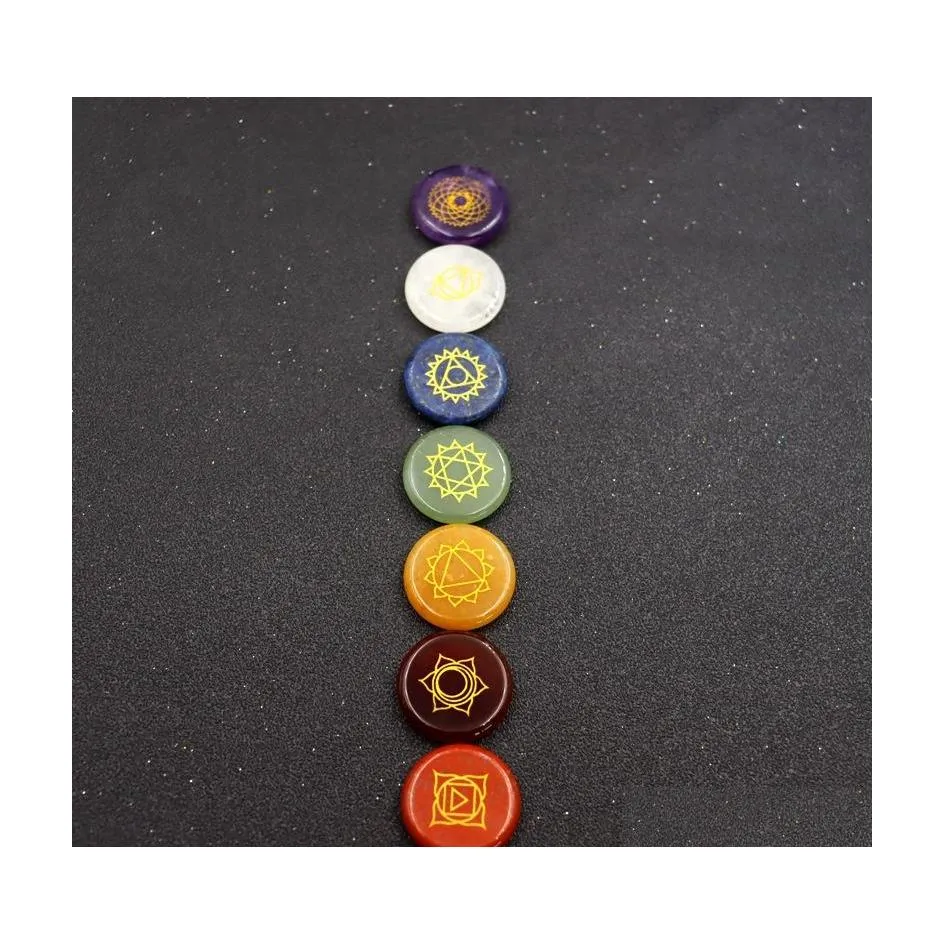 Stone Yoga Symbol 7 Chakra Set Reiki Natural Crystal Stones Polering Quartz Energy Bead Chakras Healing Decoration Drop Delivery Jew DH0VR