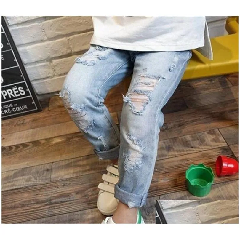 Jeans bambini spezzati buco della moda primaverile abbigliamento per bambini bambini strappati pantaloni di jeans per ragazzi ragazze 0976 v2 drop drop drop dhin baby mater dhp4e