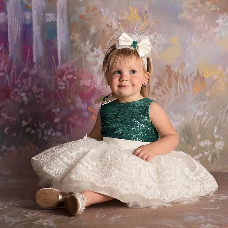 Girl Dresses 24M Baby Bow Tutu Gown Green Sequin Christmas Costume Infant Lace Flower Dress Toddler 1st Birthday Outfits