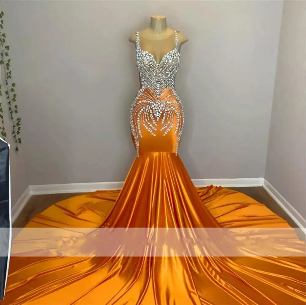 2023 Mermaid Prom Dresses Orange Arabic Sheer Neck Crystal Beading Illusion Sleeveless Evening Formal Party Gowns Sweep Train Plus Size