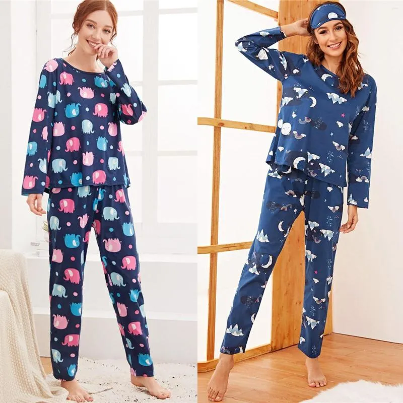 Kvinnors sömnkläder Nightdress for Women Cotton Lntimate Bekvämt hemtryckt pyjama Eye Three Piece Set -knapp