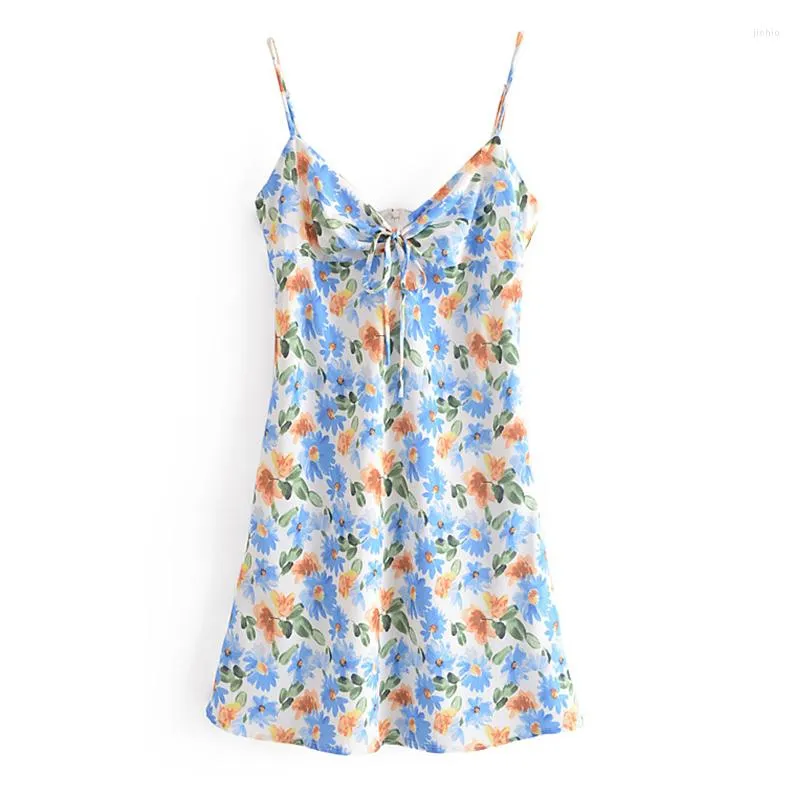 Casual Dresses Yenkye Vintage Daisy Print Sexig Sling Dress Women Bow Tie V Neck Sleeveless Holiday Beach Kvinnlig Summer Short Vestido