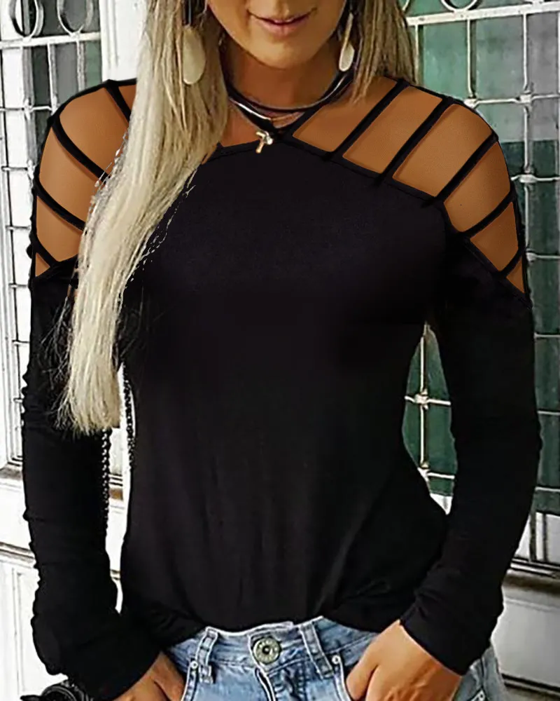 Blouses Femmes Chemises Femmes Rivet Paillettes Épaule Froide Chemises Mode Dames À Manches Longues Évider Chemisier Femme Solide Pulls Top Grande Taille 5XL 230215