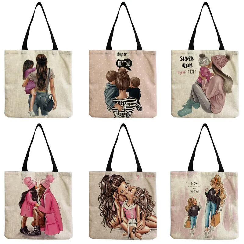 Evening Bags Ladies Foldable Fashion Travel Beach Bag Tote Portable Reusable Handbag Cute Cartoon Super Mama Print High Capacity Mom And Bab