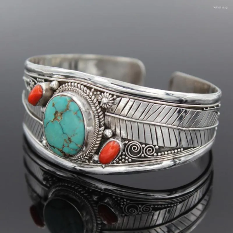 Bangle Bohemian Antique Silver Color Leaf Red Blue Natural Stone Bracelet For Women Simple Open Ladies Luxury Jewelry