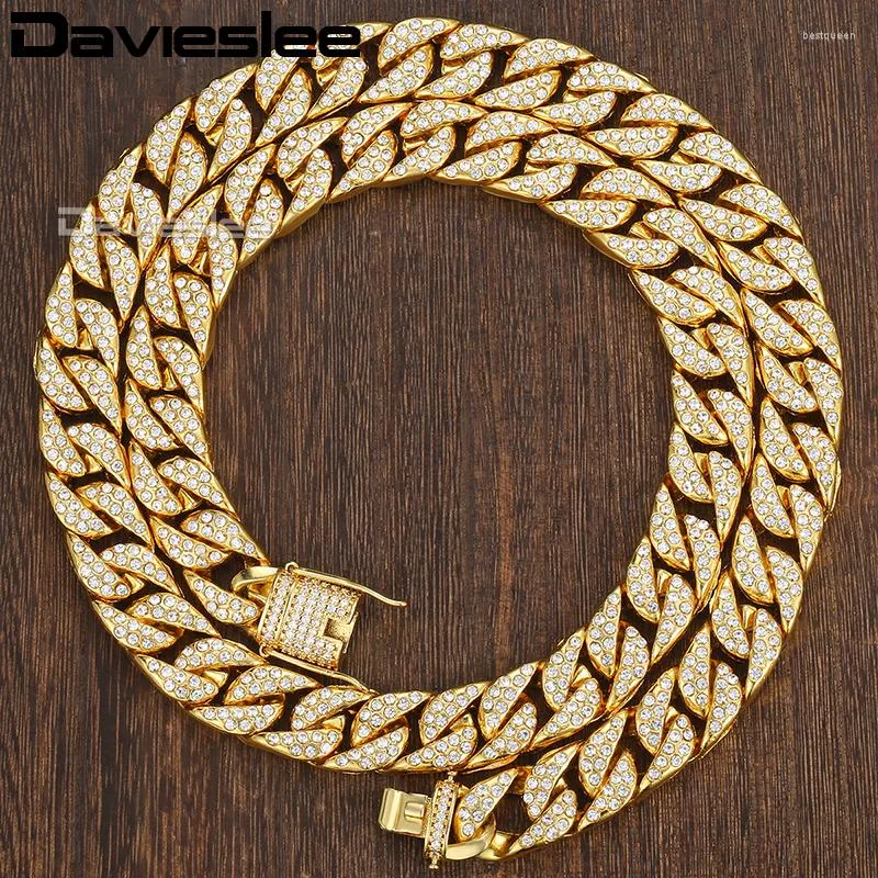 Chaînes chaîne collier pour hommes pavé strass couleur or jaune Miami gourmette lien cubain 14mm bijoux pour hommes LGN455