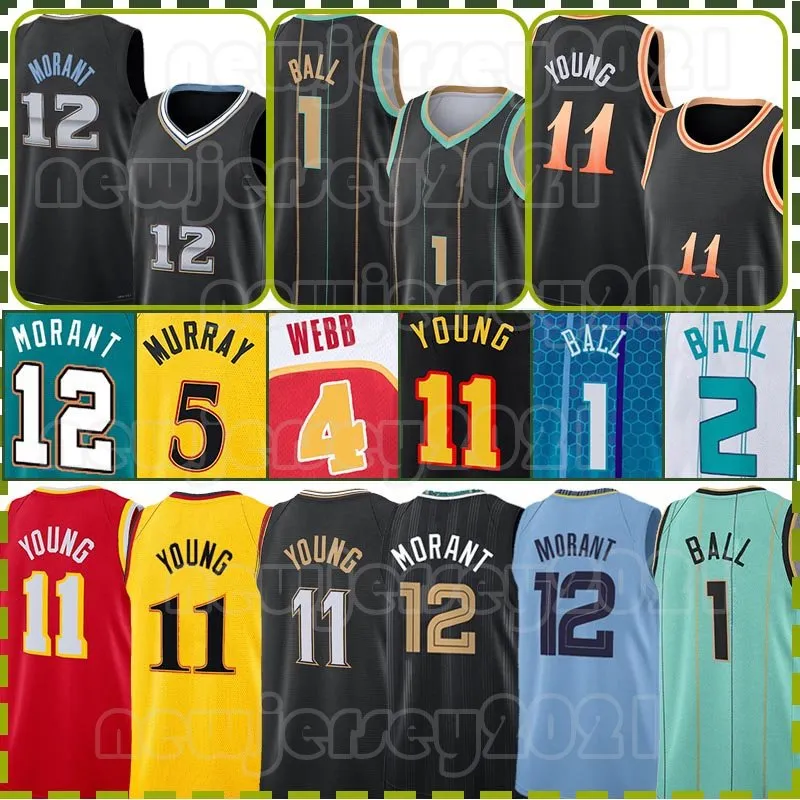 12 Ja Morant Trae Young Basketball Jerseys Dejounte Murray Rétro Atlantas Hawk Spud Webb 0 11 2 45 1 75e anniversaire LaMelo Ball Chemise blanche noire pour hommes