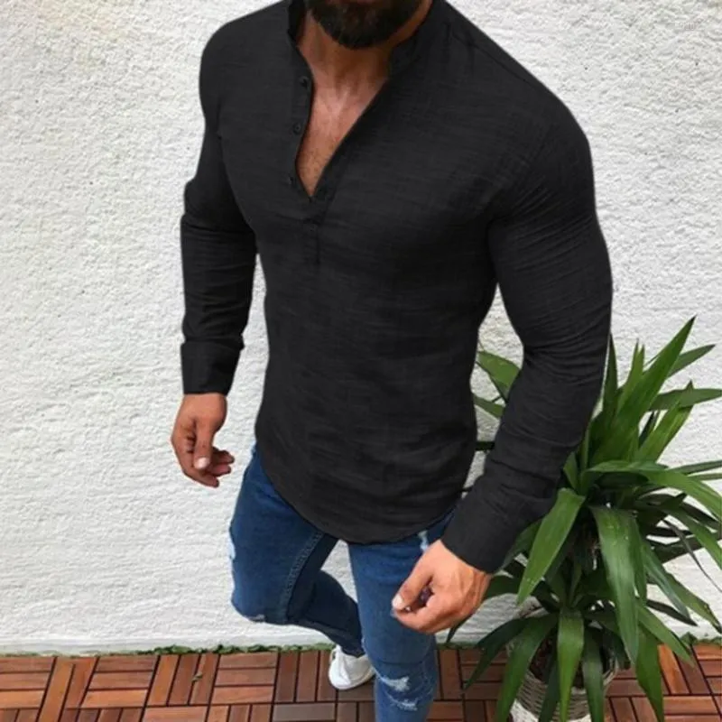 Mäns casual skjortor hösten män linne skjorta fast färg vridning krage långärmad gentleman fitness stiliga kläder