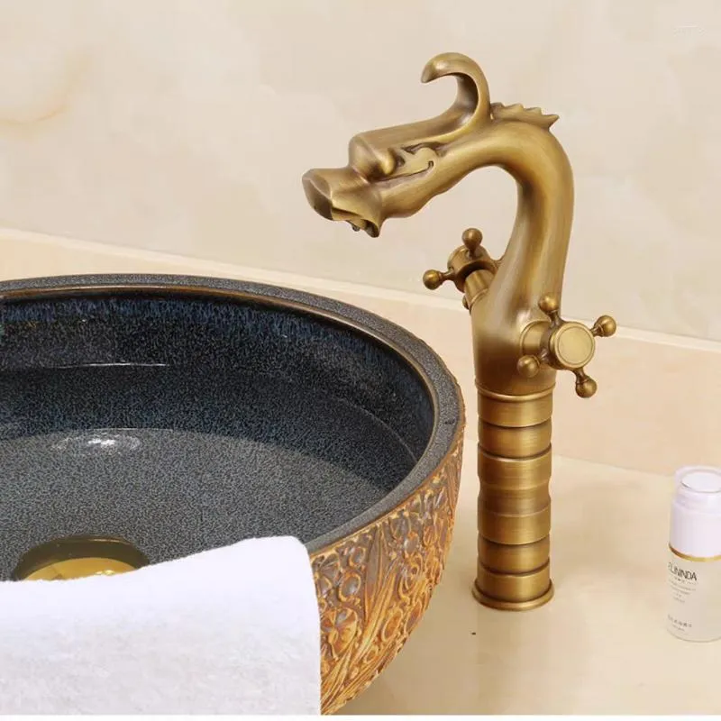 Badkamer wastafel kranen Chinese stijl koper legering Dragon spit Waterbekken kraan dubbele handgreep en koud gemengd wassen