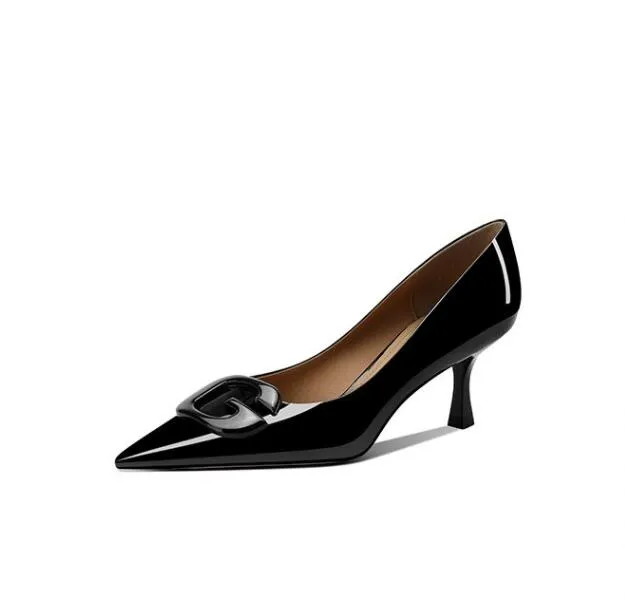 Damen-High-Heel-Schuhe, graue Spulenabsätze, 7 cm Echtleder-Pumps, Pailletten-Schnalle, flacher Mund, Slip-On, spitzer Zehenbereich, Damen, Büro, Karriere, Party, Einzelschuhe, Größe 35–40