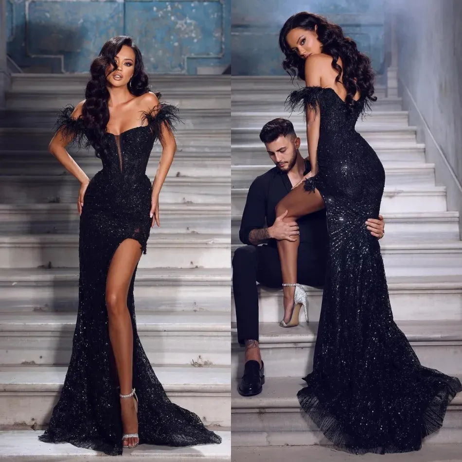 2023 Black Split Sexy Sequins Mermaid Prom Dresses Long Reception Feather Evening Gowns African Women Formal Party Vestidos de fiesta BC15160 0216