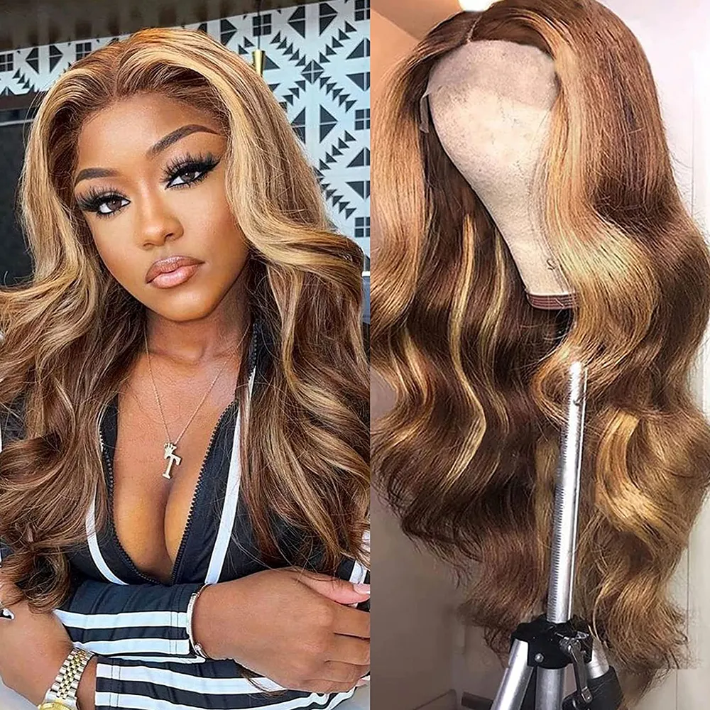 Perruque Lace Front Wig Body Wave brésilienne longue 36 pouces, perruque synthétique à reflets blond ombré résistante à la chaleur pour femmes