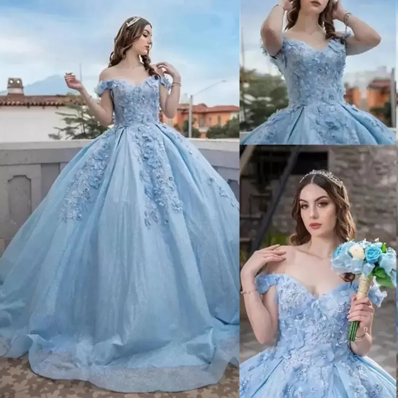 Quinceanera Glitter Tiuls Sukienki kwiatowe kwiaty 3D Kryształowe koraliki z ramię