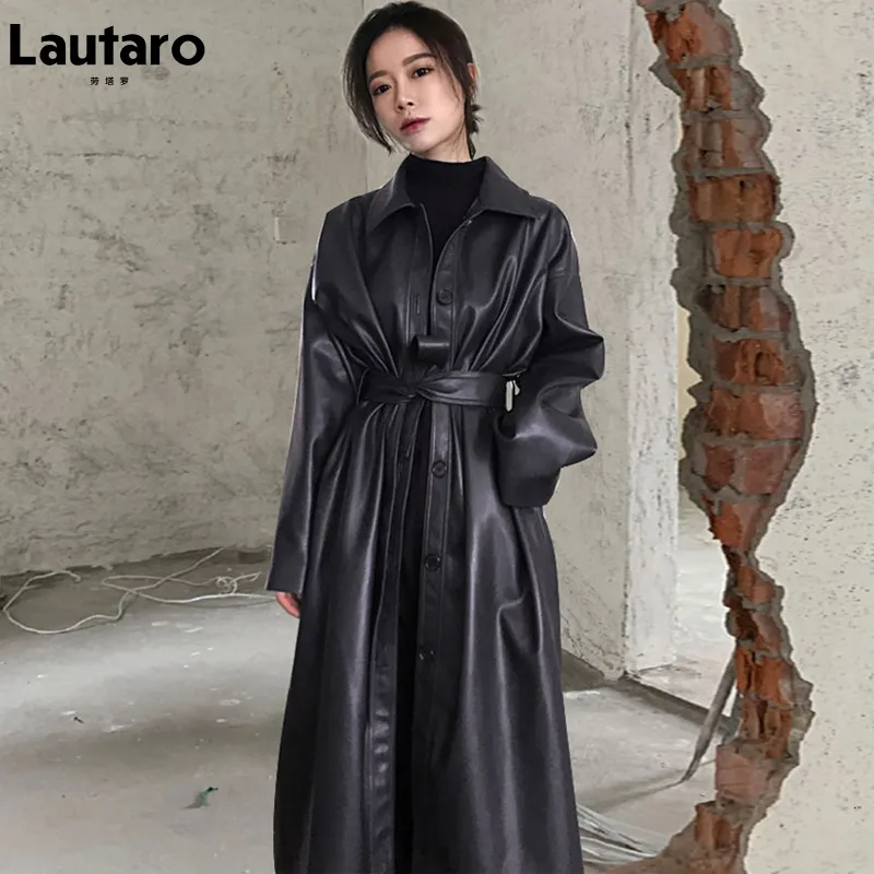 Womens Leather Faux Leather Lautaro Autumn Long Black Cool PU Leather Trench Coat for Women Belt Single Breasted Loose Korean Fashion Wholesale Clothes 230216