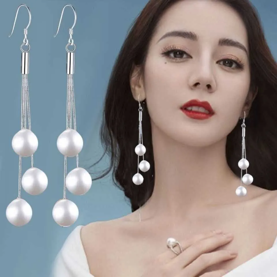 Charm Stud S925 Sterling Silver Natural Pearl Anti-Allergic Women's Long Style Korean m￥ngsidig ￶rh￤ngen Earhook