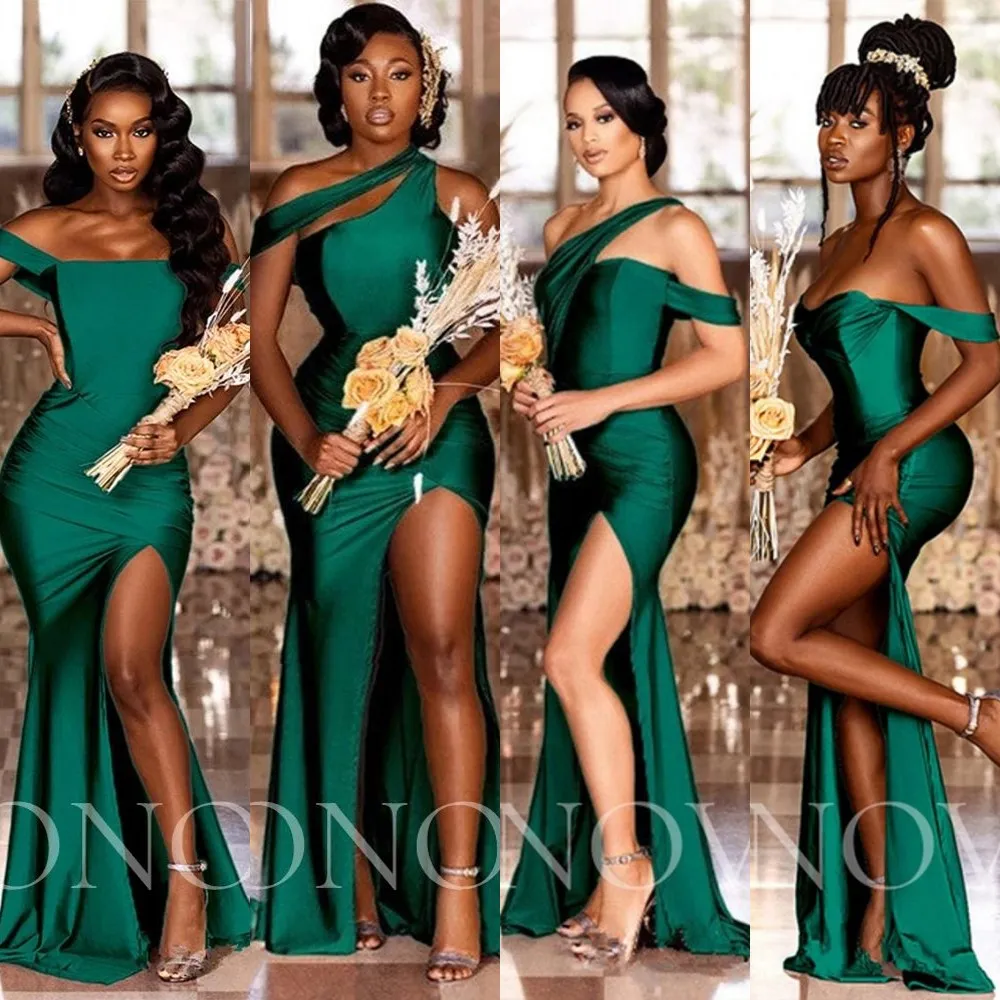 2023 Vestidos de dama de honor Hunter Vestido de fiesta de sirena de satén  verde oscuro para boda Lado dividido fuera del hombro Bata Vestidos