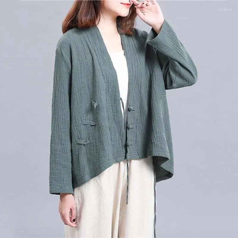 Damesjassen Spring herfst Women katoen linnen jas Cardigan merk comfortabel zacht geplooide lange mouw jas Chinese stijl tops