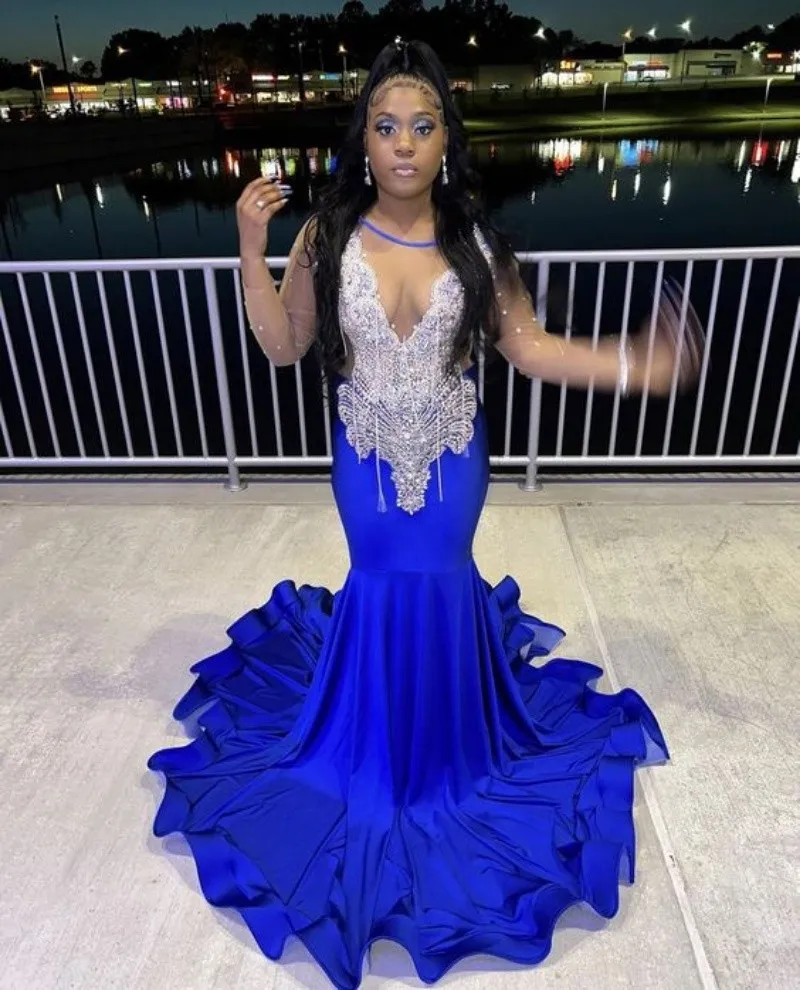 Sparkly Crystal Mermaid avondjurk 2023 Royal Blue Plus Size Prom jurk voor zwarte meisjes lange mouw nacht formele dansjurk elegant aso ebi Afrikaanse feestjurken