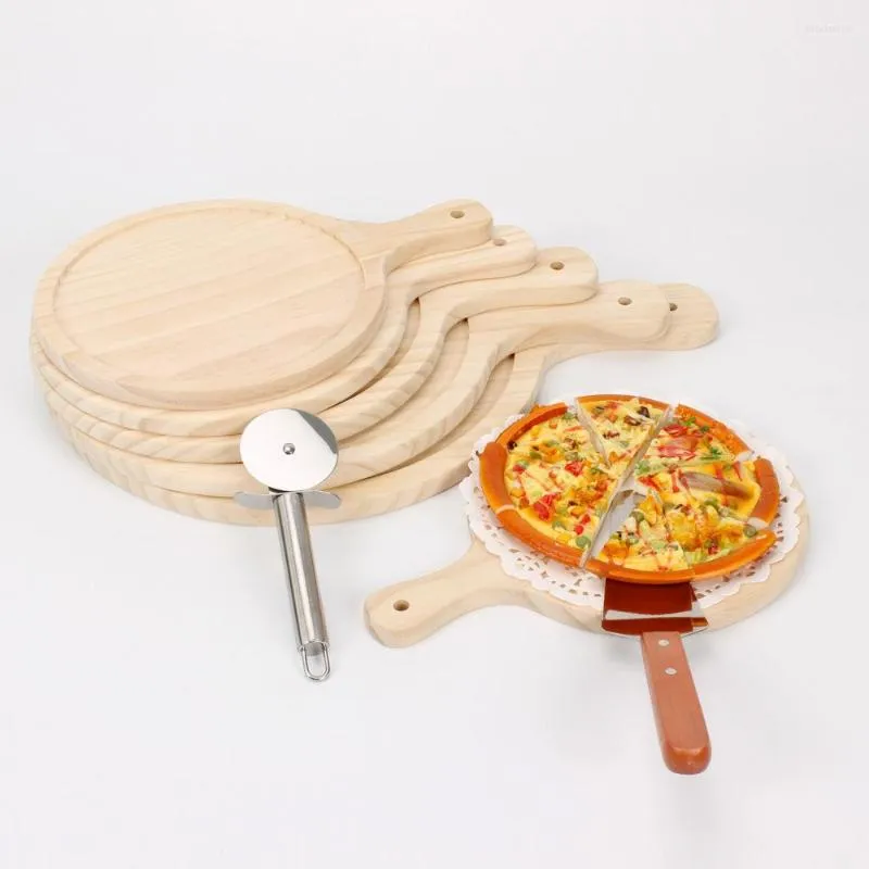 Assiettes Simple Home Planche à pizza ronde en bois avec plateau de cuisson à la main Plateau de coupe en pierre Gâteau Ustensiles de cuisson