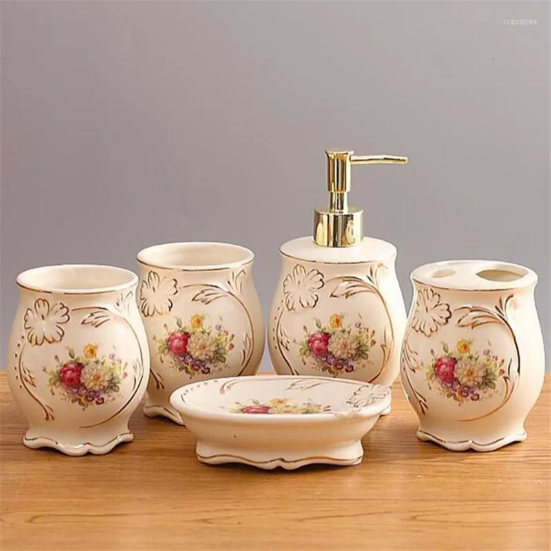 Bath Accessory Set Ceramic Bathroom Accessories Home European Five-piece Retro Printing Brushing Mouthwash Cup Soap Box Washing