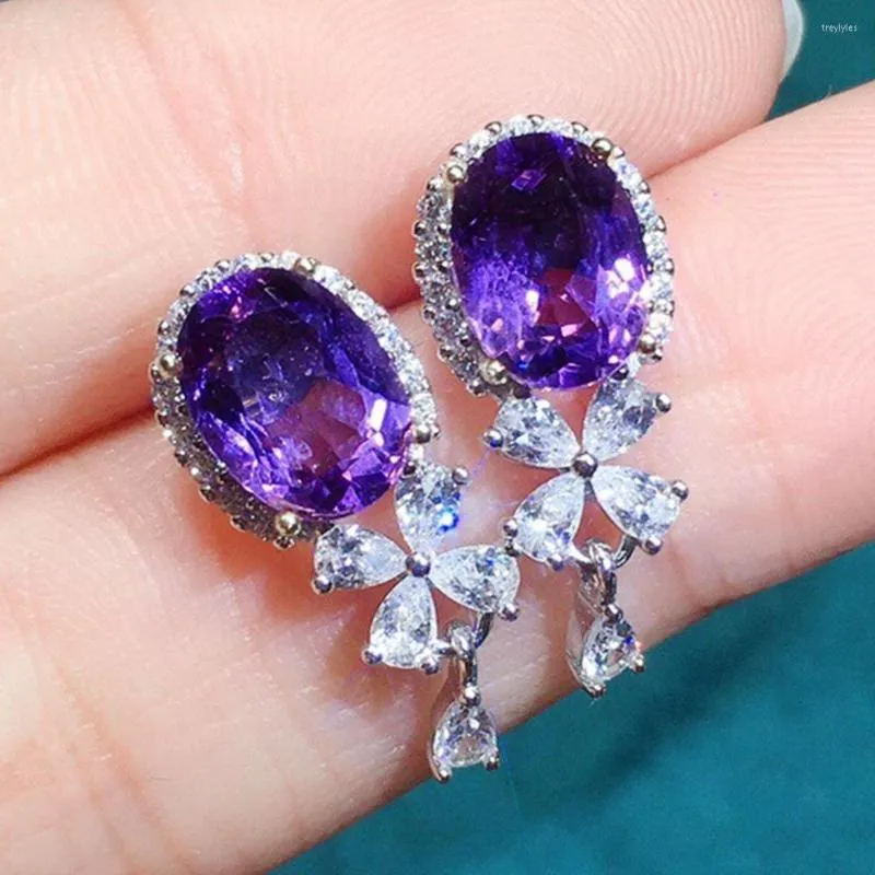 Stud Earrings Big Bling Purple Zircon Stone Silver Color For Women Fashion Jewelry Korean 2023