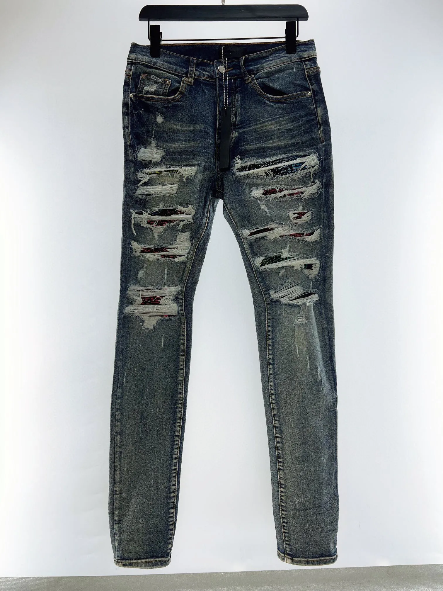 Dżinsy 2023 Projektant dżinsów spodnie rozerwane marka mody High Street Patches Detail Biker Fit Dżinsy Mężczyźni Slim Motorcycle for Mens Vintag