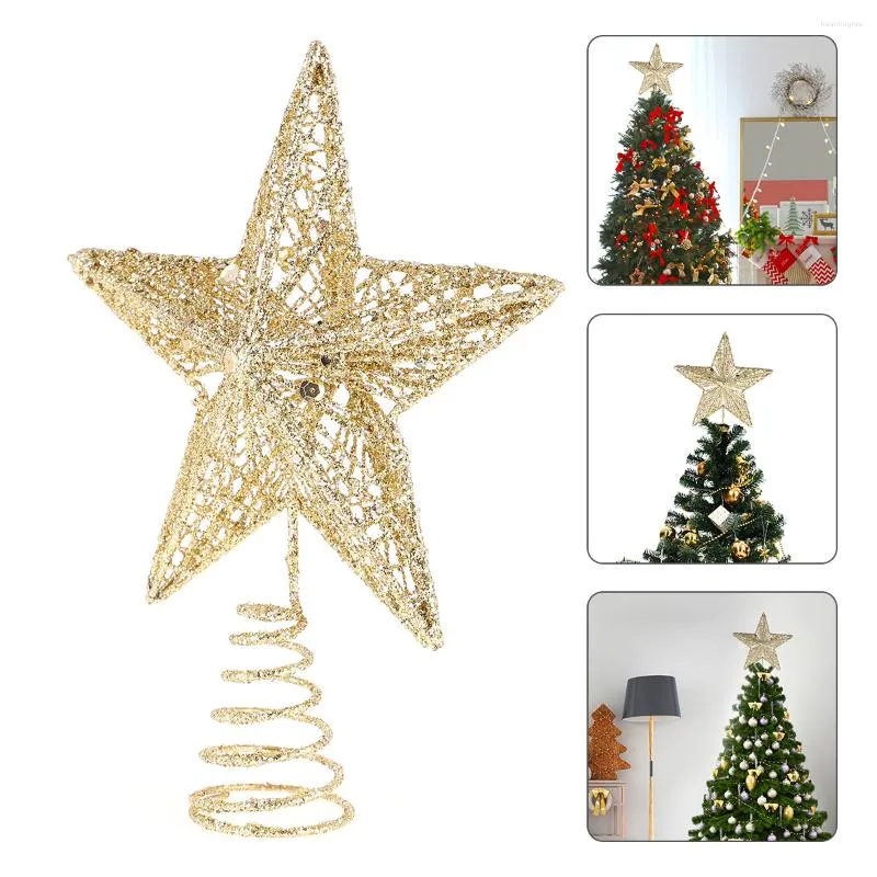 Christmas Decorations Tree Topper Star Ornament Party Holiday Treetop 3D Favors Decoration Metal Decor Pointed Pentagram Springy Hollow