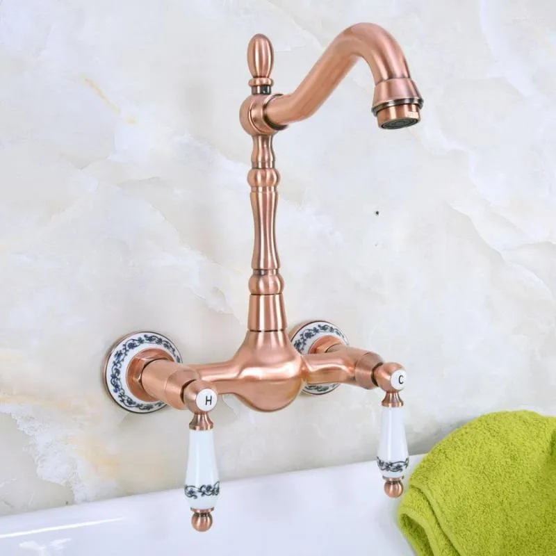 Grifos de lavabo de baño Doble manija Doble orificio Montaje en pared Grifo de lavabo Grifo giratorio de cobre antiguo Cocina Fría y grifo mezclador DNF953