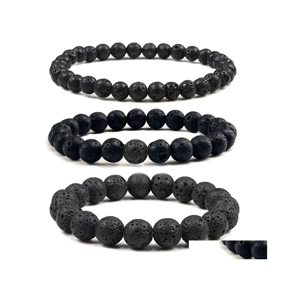 Pulseras con dijes 6 mm 8 mm 10 mm cuentas de piedra volcánica natural hebra negra lava hombres pulsera aromaterapia aceite esencial difusor brazalete Dhyae