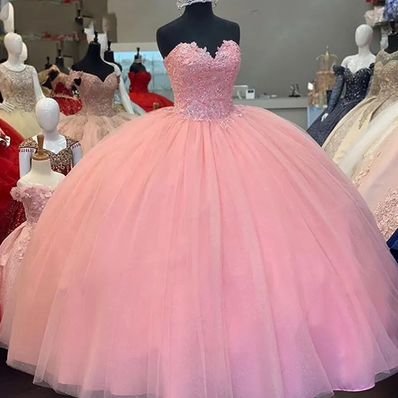 Quinceanera sukienki Princess Sweetheart Różowe cekiny suknia balowa z aplikacjami koronkowy Tiul Sweet 16 Debiutante Party Birthday Vestidos de 15 Anos 11