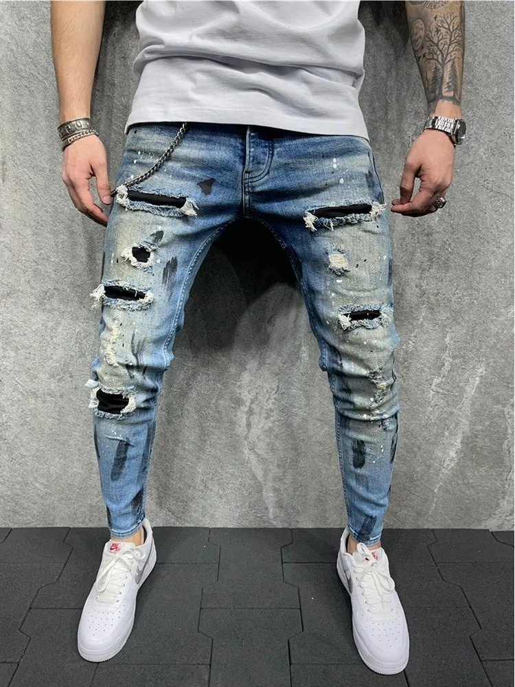 Mäns jeans Slim-Fit Hip Hop Ripped Jeans Man Painted Printed Pencil Denim Pants Fashion Patchwork Moto Biker Cowboy Beggar Byxor 230216