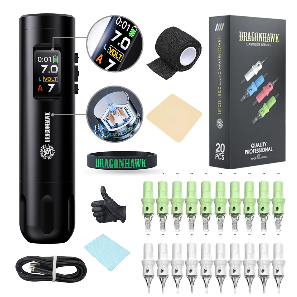 Kit de tatouage sans fil Dragonhawk X7, stylo intelligent rotatif, batterie 1800mAh, cartouches d'aiguilles TZ-WQP012