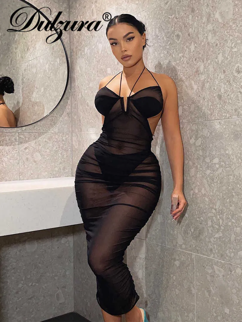 Sıradan Elbiseler Dulzura 2022 Yaz Kadınlar Mesh Derenteli Seksi Y2K Giysileri Dantel Yukarı Yumavakal Sırtsız Bodycon Midi Elbise Kıyafetleri Kulüp Partisi T230210