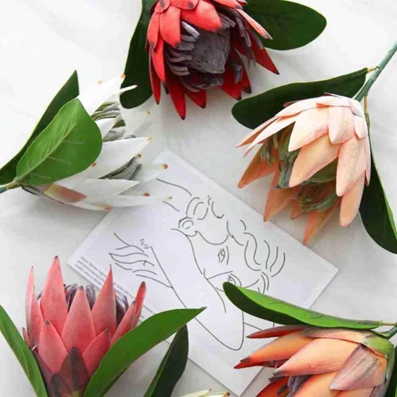 Decoratieve bloemen kransen 1 pc kunstmatige bloem zijden king protea diy decoratie arrangement bruiloft witte keizer tafel thuisfeest