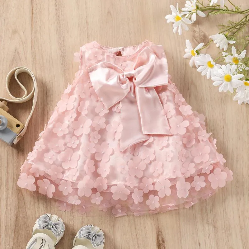 Fille robes bébé filles douce princesse robe été sans manches fleur imprimé maille dentelle a-ligne robe d'été avec grand nœud papillon