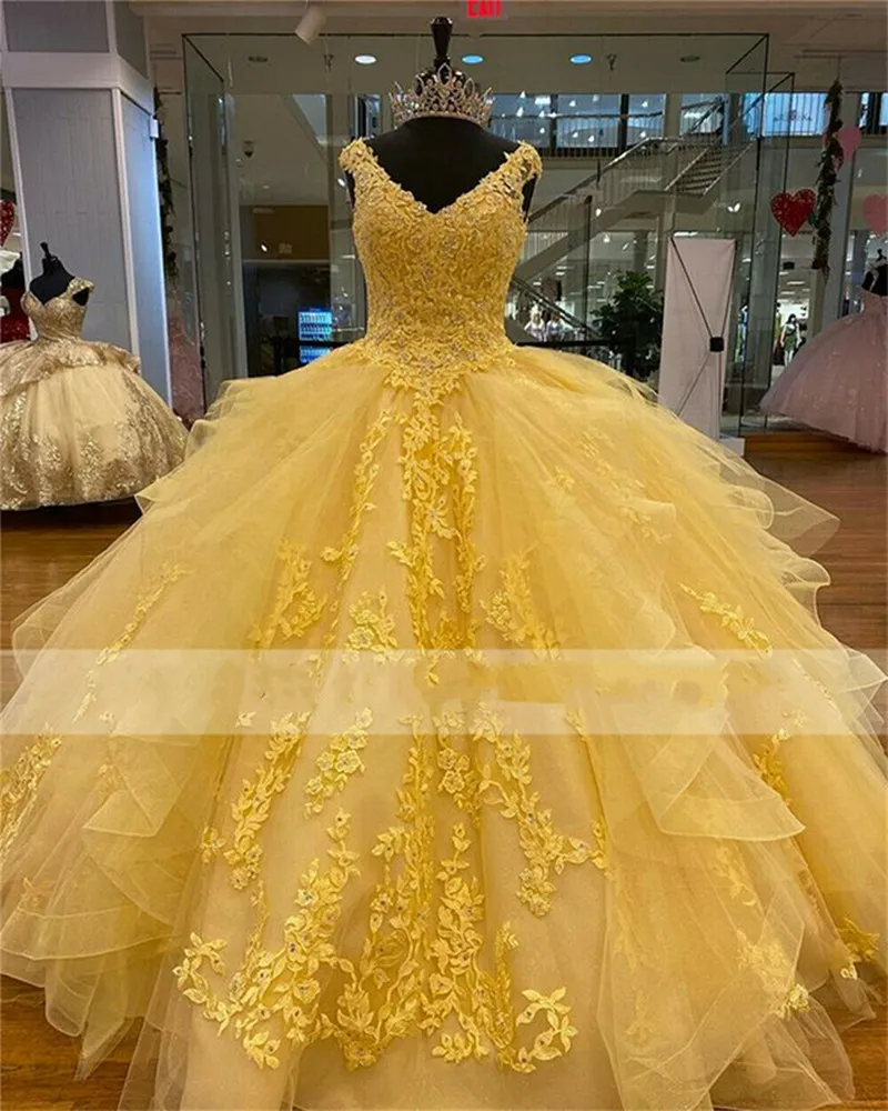 Vestido de esfera de vestidos quinceanera amarelo com arco grande doce de 16 anos, vestidos de baile de anivers￡rio