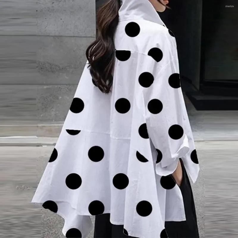 Women's T Shirts Oshoplive Fashion Buttoned High-Low Polka-Dot Split-Side Lapel Long Sleeves Blouse Women Casual Simple Fasion Office Lady