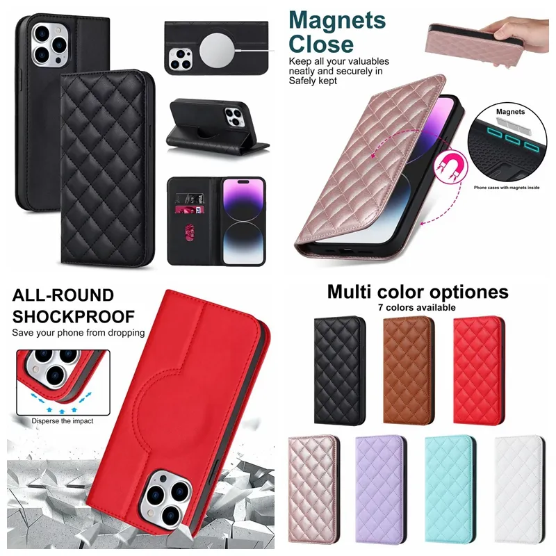 iPhone 14 Pro Max Plus 용 고급 자석 가죽 지갑 케이스 13 12짜리 클로저 신용 카드 슬롯 포켓 홀더 스탠드 체크 어드화 된 다이아몬드 곡물 플립 커버 지갑 지갑