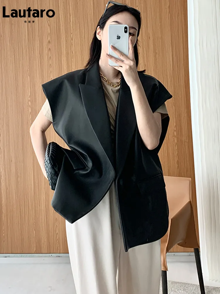 Womens Leather Faux Leather Lautaro Spring Autumn Loose Black Light Soft Faux Leather Vest Women Lapel Elegant Luxury Designer Sleeveless Jacket Fashion 230216