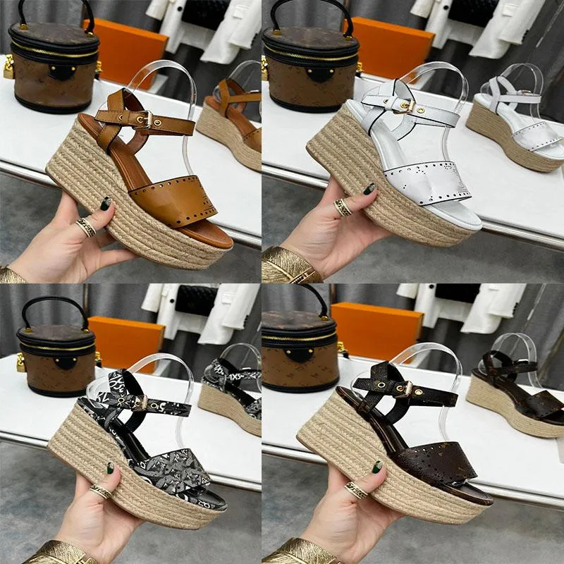 Designerskie sandały Starboard sandały na koturnie damskie szpilki espadryle naturalne sandały ze słomy perforowane sandały skóra cielęca pani slajdy buty outdoorowe z pudełkiem