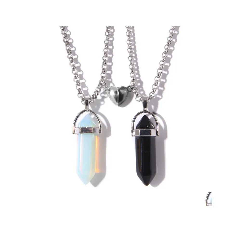 Pendant Necklaces Natural Crystal Quartz Stone Neckace Love Heart Magnetic Button Hexagonal Prism For Couple Friend Gifts Drop Deliv Dh5Ei