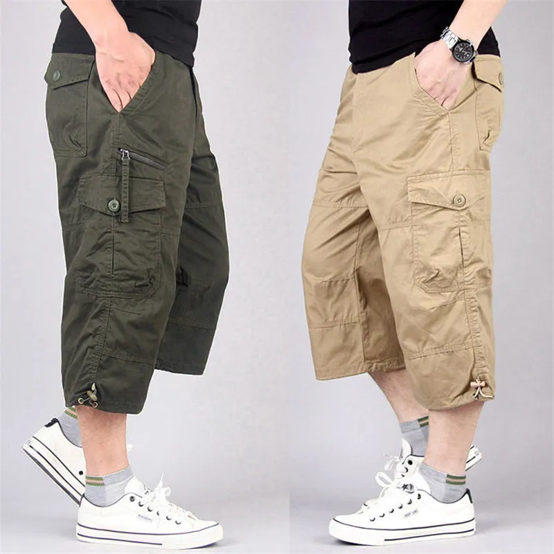 Mäns shorts lång längd last shorts män sommar multi-pocket casual bomull elastiska byxor män militär taktiska korta byxor 5xl 230215