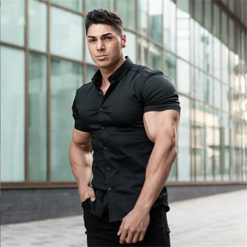 Men's Dress Shirts Summer Fashion Short Sleeve Super Slim Fit Male Casual Social Business Brand Fitness Sports Clothing 230216