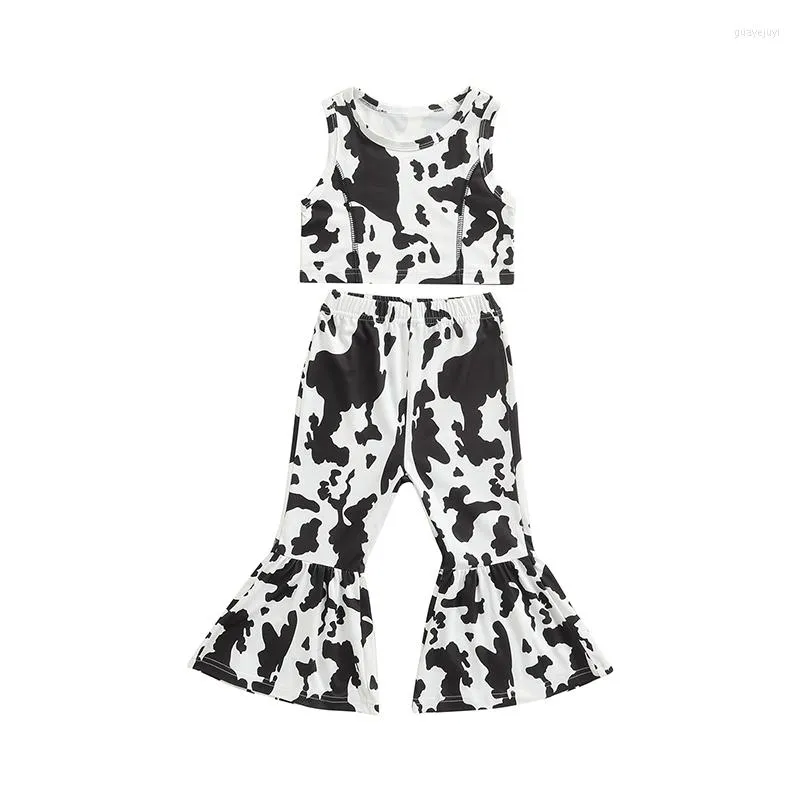 Clothing Sets Kids Baby Girls Clothes Cow Pattern Print Round Neck Sleeveless Tank Tops And Elastic Flared Pants Summer Outfits