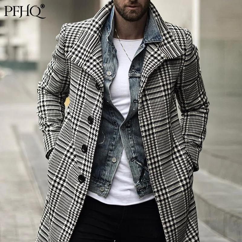 Misto lana da uomo PFHQ 2023 Autunno Moda scozzese Giacca a vento Casual Streetwear Cappotto Gentleman Luxury Trench Cappotto lungo Manteau 21D3186 230216