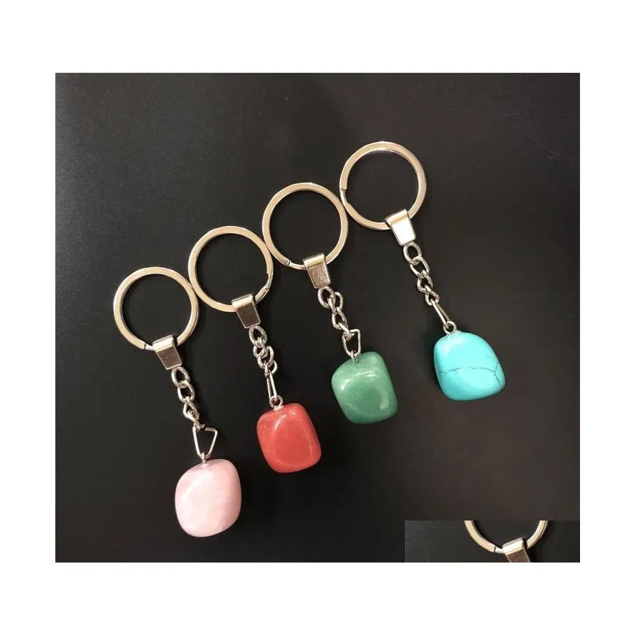 Llaveros Llaveros de piedra natural Sier Color Curación Cristal Decoración del coche Llaveros Llavero para mujeres Hombres Joyería de entrega de gota Dhg4U