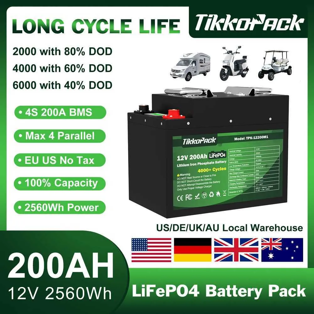 Tikkopack 12v 200AH LifePo4 Batteripaket Litiumjärnfosfatbatterier 100% kapacitet 4000 cykler BMS 200A för båtskattfri