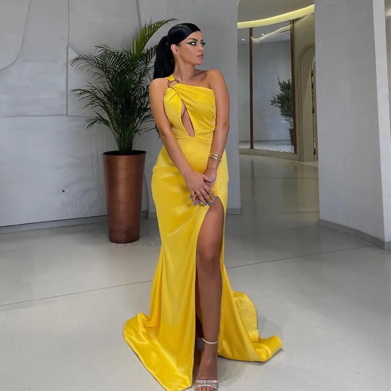 Hollow Out Yellow Evening Party Dresses For Women Sexy High Split Maxi Robe De Soiree One-Shoulder Long Prom Gowns Vestido