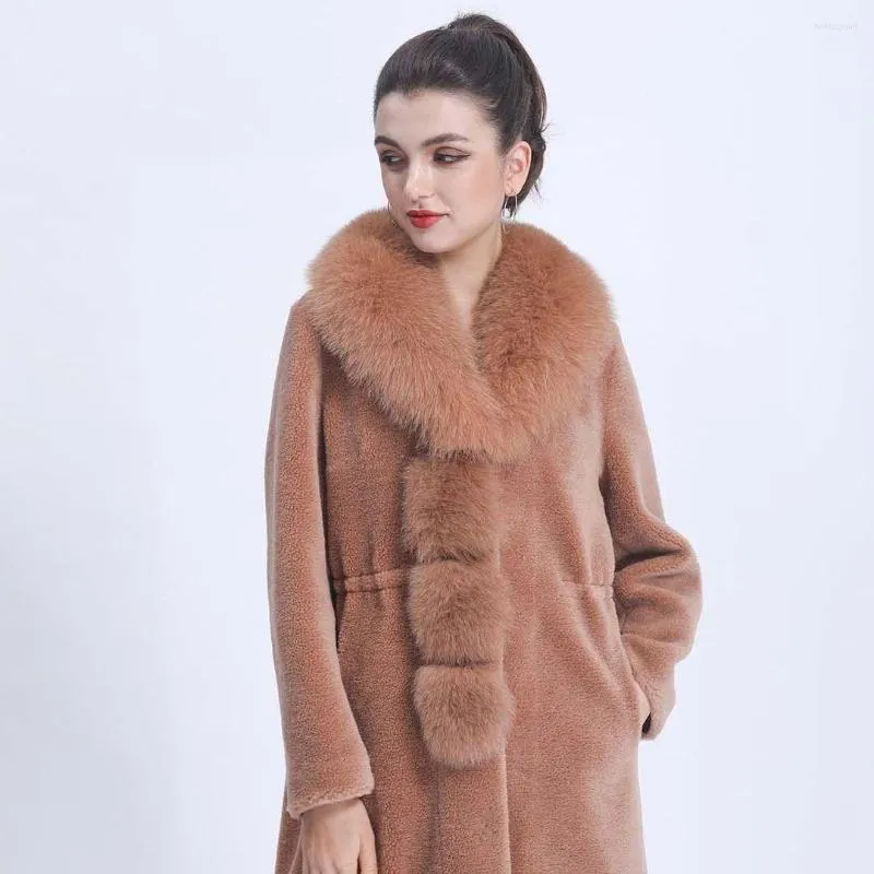 Frauen Leder Frauen hochwertige Scherung Teddy Mantel Winter bequeme Wollkleidung echter Schafflanell -Mantel mit Pelzkragen